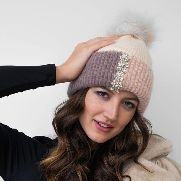 NWT Adrienne Landau Color Block Knit Beanie/Hat Crystals Beige/Pink/Mauve OS - Picture 3 of 13
